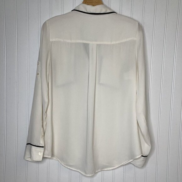Express The Portofino Shirt Medium Ivory Black Piping Button Up Blouse Top - Picture 3 of 12